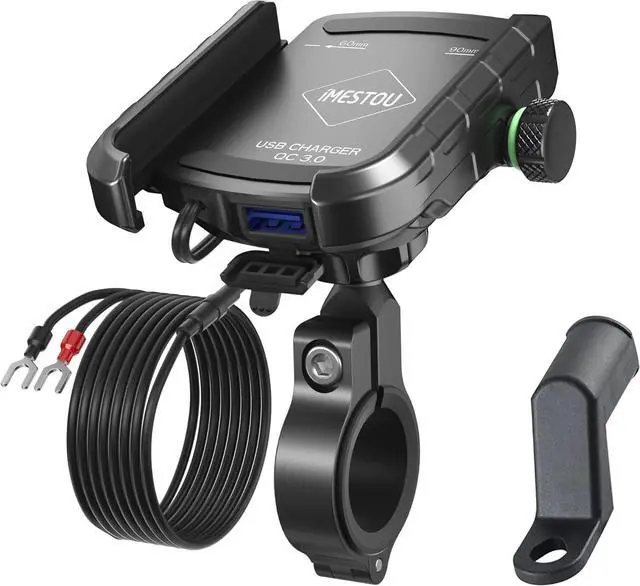Main image of iMESTOU Motorcycle Phone Mount USB Charger Handlebar/Rear-View Mirror Cellphone Holder Aluminum with 17mm Ball Works with 12/24V Motorcycles Quick Charge for 4.0-6.8 Inch Smartphones (USB Type)