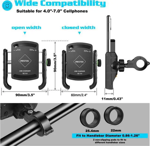 Alt view image 4 of 7 - iMESTOU Motorcycle Phone Mount USB Charger Handlebar/Rear-View Mirror Cellphone Holder Aluminum with 17mm Ball Works with 12/24V Motorcycles Quick Charge for 4.0-6.8 Inch Smartphones (USB Type)