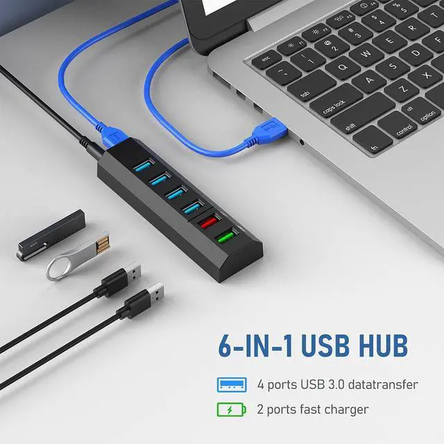 Alt view image 2 of 7 - USB Hub 6 Ports Super High Speed USB 3.0 Hub Splitter + 24W Power Adapter + USB 3.0 Cable Black Smart Fast Charger Powered USB Hub for Laptop Mac PC Mobile HDD Mulitple Devices