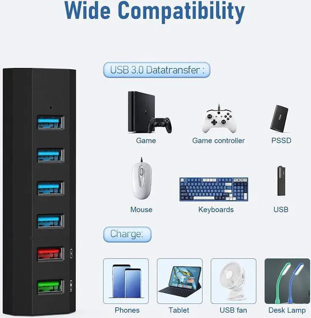 Alt view image 3 of 7 - USB Hub 6 Ports Super High Speed USB 3.0 Hub Splitter + 24W Power Adapter + USB 3.0 Cable Black Smart Fast Charger Powered USB Hub for Laptop Mac PC Mobile HDD Mulitple Devices