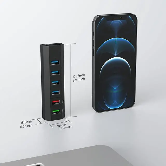 Alt view image 6 of 7 - USB Hub 6 Ports Super High Speed USB 3.0 Hub Splitter + 24W Power Adapter + USB 3.0 Cable Black Smart Fast Charger Powered USB Hub for Laptop Mac PC Mobile HDD Mulitple Devices