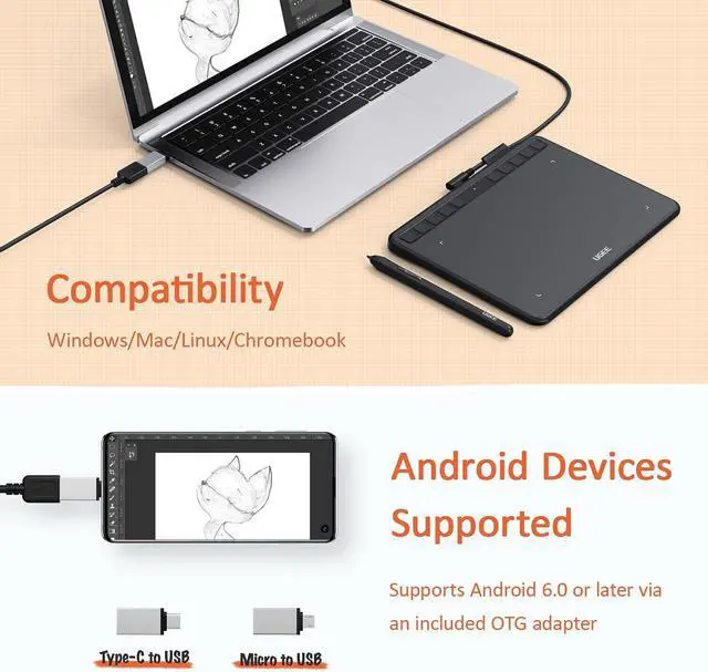 Alt view image 4 of 7 - UGEE S640 Graphics Drawing Tablet, Digital Draw Art Pad with Pen Battery-Free Stylus Tilt Function 8192 Levels Pressure Sensitivity 10 Express Keys for Mac, Windows PC and Android