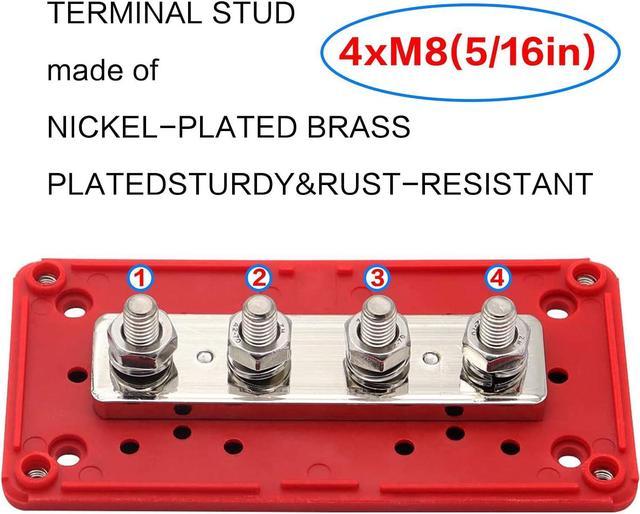 AMOMD 300A Bus Bar Box Heavy Duty Module Design Nickel Plated Brass Buss  Battery Power Distribution 4xM8(5/16) Stainless Steel Terminal Studs  Marine Ground DC12 24 48VRed, Welcome to consult 