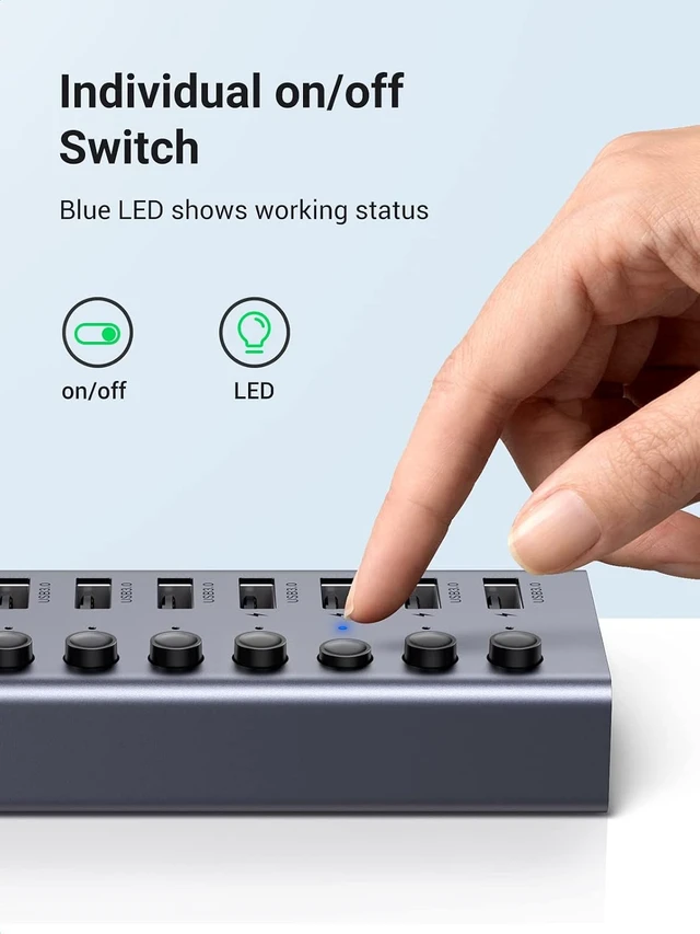 Alt view image 3 of 7 - UGREEN USB Hub 7 Port with Independent Switch and 24 W Power Supply (12 V/2 A) USB Hub 3.0 Active for Charging and Data Transfer Aluminium Housing Compatible with MacBook, Surface Pro7 and Other