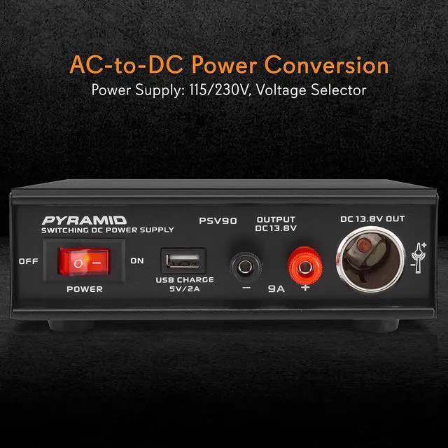 Alt view image 2 of 7 - Pyramid Universal Compact Bench Power Supply - 9 Amp Regulated Home Lab Benchtop AC-DC Converter Power Supply for CB Radio, HAM w/ 13.8 Volt DC 115/230V AC Switchable, USB, Cigarette Lighter - PSV90