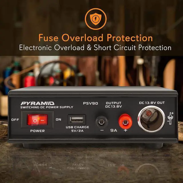 Alt view image 6 of 7 - Pyramid Universal Compact Bench Power Supply - 9 Amp Regulated Home Lab Benchtop AC-DC Converter Power Supply for CB Radio, HAM w/ 13.8 Volt DC 115/230V AC Switchable, USB, Cigarette Lighter - PSV90