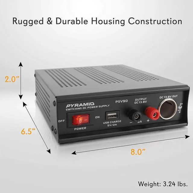 Alt view image 7 of 7 - Pyramid Universal Compact Bench Power Supply - 9 Amp Regulated Home Lab Benchtop AC-DC Converter Power Supply for CB Radio, HAM w/ 13.8 Volt DC 115/230V AC Switchable, USB, Cigarette Lighter - PSV90