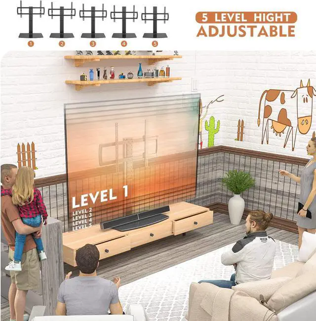 Alt view image 3 of 7 - Universal Swivel TV Stand/Base Table Top Stand 40 to 86 inch TVs 110 Degree Swivel, 5 Level Height Adjustable, Heavy Duty Tempered Glass Base, Holds up 132lbs Screens, HT04B-003
