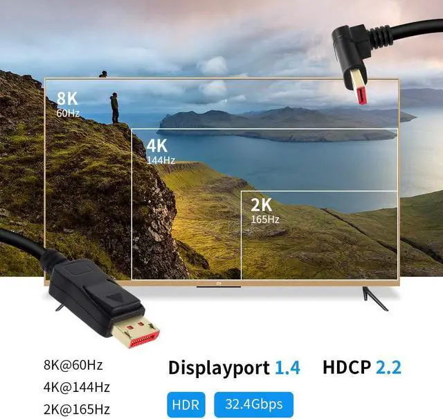 Alt view image 2 of 7 - Right Angle Displayport 1.4 Cable, Male to Male Corner DP 1.4 Cable Support 8K/60Hz, 4K@144Hz for DP Interface. 6FT/1.8M