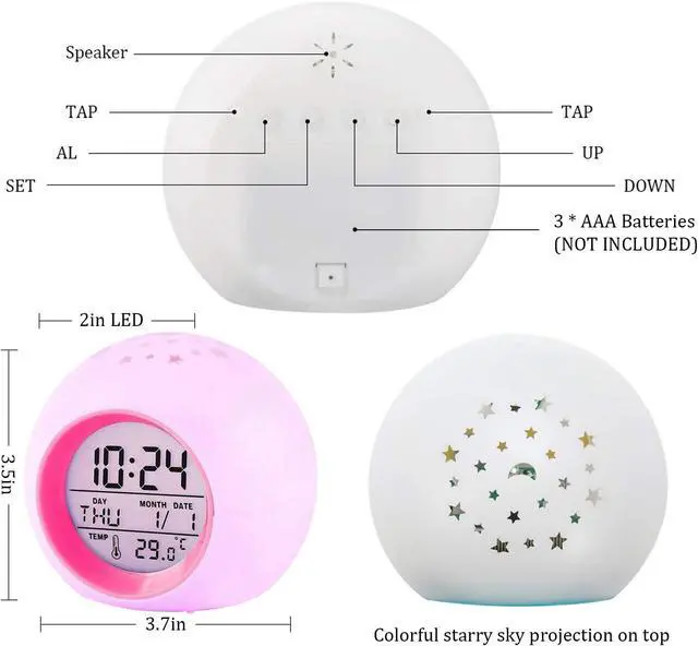 Alt view image 2 of 7 - Tarklanda Kids Alarm Clock,Moon Stars Projector Alarm Clock,7 Color Changing Night Light,Snooze Touch Control Temperature for Kids Bedroom, Digital Clock for Girls Boys Children