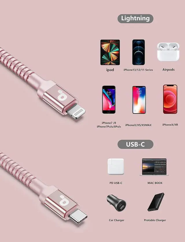 Alt view image 5 of 6 - USB C iPhone Charger Cable Fast Charging 2Pack 6FT USB Type C to Lightning Cable [ MFi Certified] iPhone Fast Charger Cord Compatible with iPhone 14/13/12/11 Pro Max/XS MAX/XR/XS/8/iPad-Pink