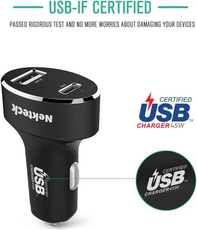 Alt view image 2 of 7 - Type C Car Charger, Nekteck USB Adapter with 45W Power Delivery and 12W A Port Compatible with iPhone, iPad, MacBook, Galaxy, Google Pixel, 3.3ft Cable Included, NOT Ideal for Note10+PPS