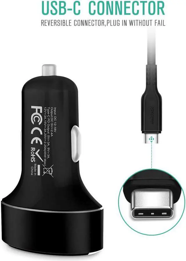 Alt view image 3 of 7 - Type C Car Charger, Nekteck USB Adapter with 45W Power Delivery and 12W A Port Compatible with iPhone, iPad, MacBook, Galaxy, Google Pixel, 3.3ft Cable Included, NOT Ideal for Note10+PPS