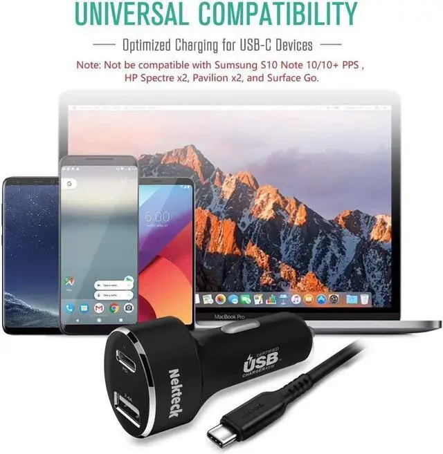 Alt view image 7 of 7 - Type C Car Charger, Nekteck USB Adapter with 45W Power Delivery and 12W A Port Compatible with iPhone, iPad, MacBook, Galaxy, Google Pixel, 3.3ft Cable Included, NOT Ideal for Note10+PPS