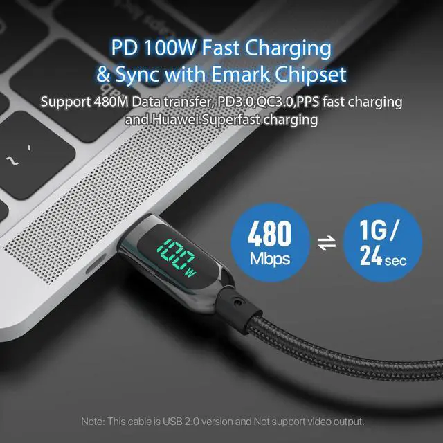 Alt view image 4 of 7 - SooPii 100W 4ft USB C to USB C Cable Fast Charge Nylon Braided Type-C Cable with LED Display for lPad Air/lPad Pro MacBook Pro Samsung Galaxy S21/S10/S9/Plus (Black))