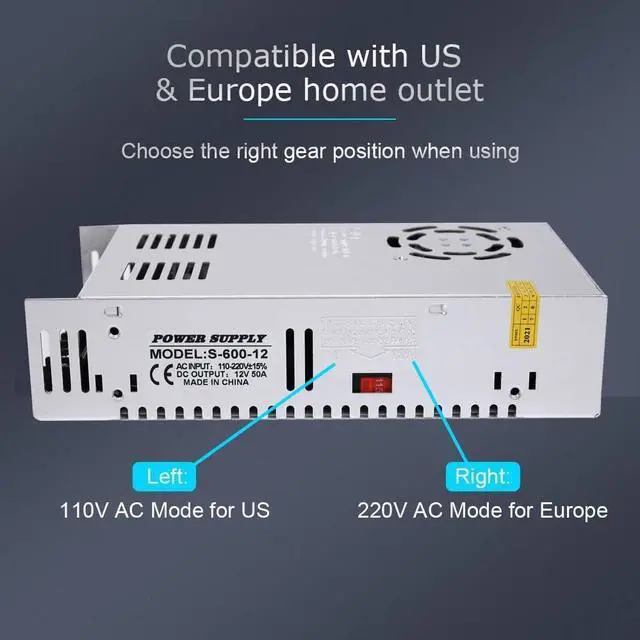 Alt view image 4 of 7 - DC 12V 50A 600W Power Supply Adapter Transformer Switch AC 110V / 220V to DC 12V 20amp Switching Converter LED Driver for LED Strip Light CCTV Camera Security System Radio,Computer Project,3D Printer