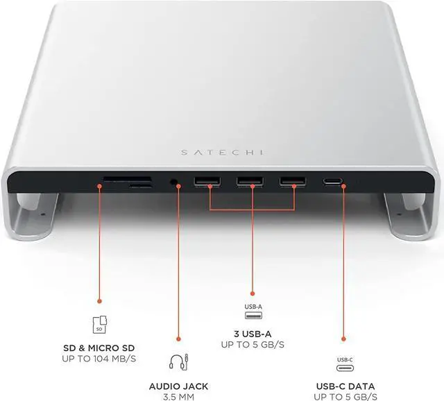 Alt view image 2 of 7 - Satechi Type-C Aluminum Monitor Stand Hub with USB-C Data, USB 3.0, Micro/SD Card Slots & 3.5mm Headphone Jack - For Apple Studio Display, iMac M1, iMac, iMac Pro (Silver)