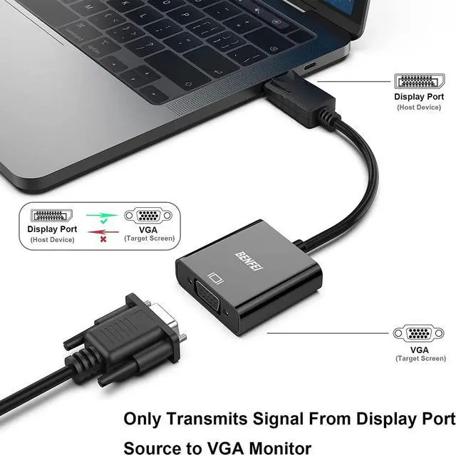 Alt view image 2 of 7 - DisplayPort to VGA Gold-Plated Uni-directional DP Computer to VGA Screen Adapter 1080P (Male to Female) Compatible for   HP