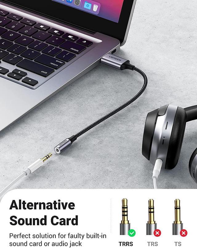 Alt view image 2 of 7 - USB to 3.5mm Jack Audio Adapter Sound Card Support Mic TRRS Headphone DAC 24bit 96kHz Nylon Braided USB to Aux Jack Compatible with Windows Mac Linux PC PS5 PS4 Switch 2 Speaker 9.8 Inch