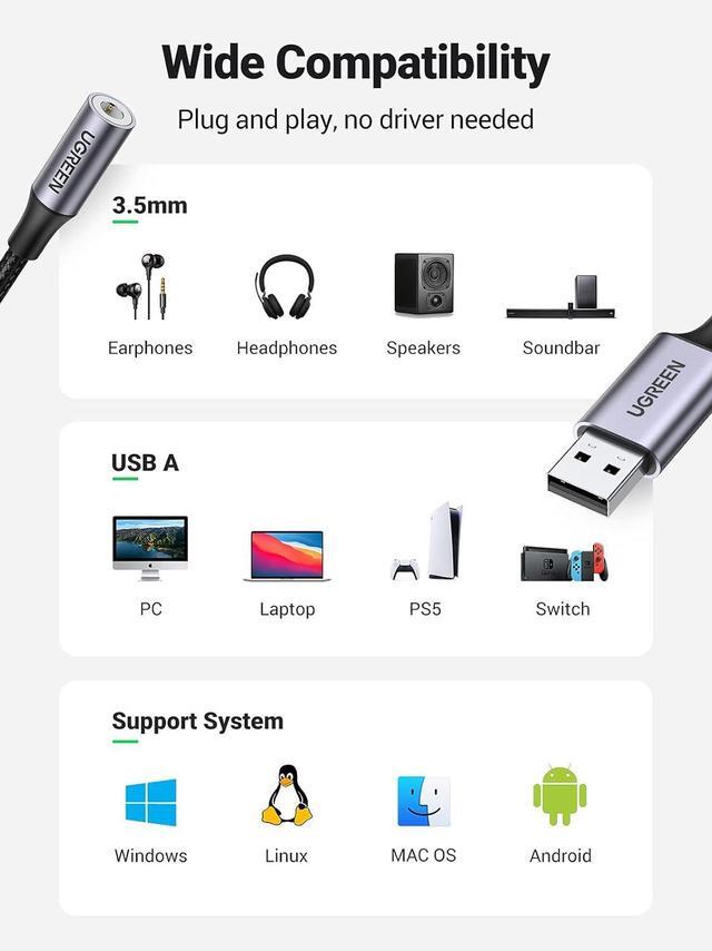Alt view image 7 of 7 - USB to 3.5mm Jack Audio Adapter Sound Card Support Mic TRRS Headphone DAC 24bit 96kHz Nylon Braided USB to Aux Jack Compatible with Windows Mac Linux PC PS5 PS4 Switch 2 Speaker 9.8 Inch