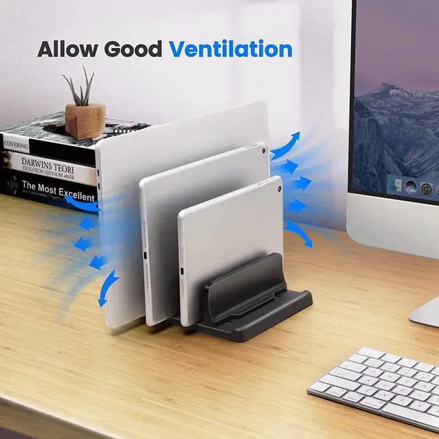 Alt view image 3 of 7 - 3-Slot Vertical Laptop Stand Made of Premium ABS Plastic 4 in 1 Design Space-Saving Adjustable Desk Organizer for All MacBook/Chromebook/Surface