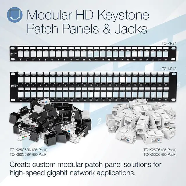 Alt view image 2 of 15 - TRENDnet Cat6 RJ45 Keystone Jack 50-Pack Bundle, Compatible With Cat5,Cat5e,Cat6 Cabling, Use With The TC-KP24 Or TC-KP48 Blank Keystone Patch Panels (Sold Separately), Black, TC-K50C6BK