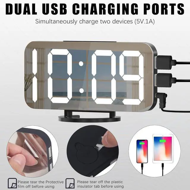 Alt view image 4 of 7 - WulaWindy Digital Alarm Clock, Large LED Display, with USB Charger, Snooze Function Dim Mode Wall Hanging Beside Desk Clock for Bedroom Black Room Decor