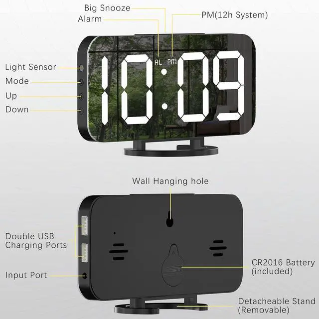 Alt view image 6 of 7 - WulaWindy Digital Alarm Clock, Large LED Display, with USB Charger, Snooze Function Dim Mode Wall Hanging Beside Desk Clock for Bedroom Black Room Decor