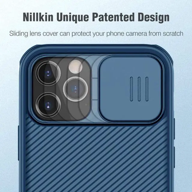 Alt view image 6 of 7 - Nillkin for iPhone 12 Pro Max Case with Camera Cover, Lens Protection, CamShield Pro Shockproof Protective Bumper Hard PC Back and Soft Silicone Edge for iPhone 12 Pro Max 6.7 inch Blue