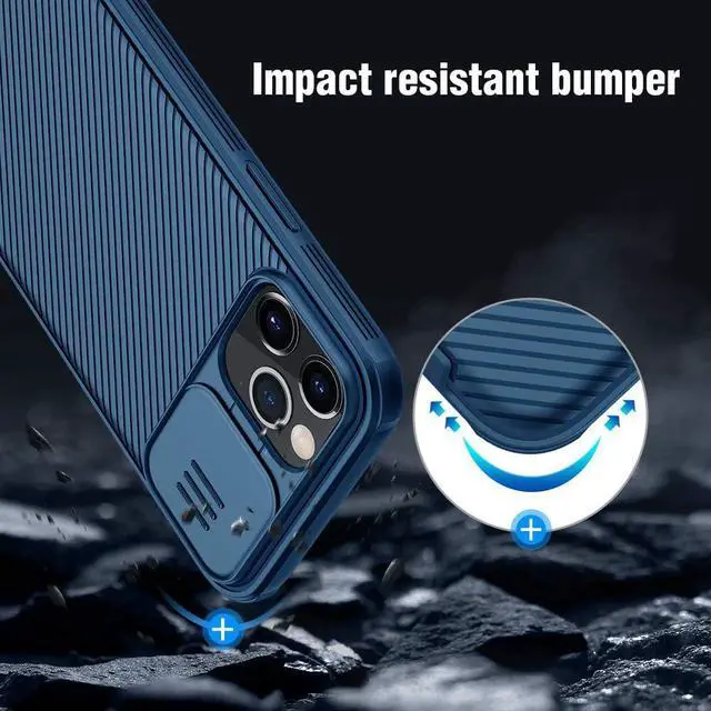 Alt view image 5 of 7 - Nillkin for iPhone 12 Pro Max Case with Camera Cover, Lens Protection, CamShield Pro Shockproof Protective Bumper Hard PC Back and Soft Silicone Edge for iPhone 12 Pro Max 6.7 inch Blue