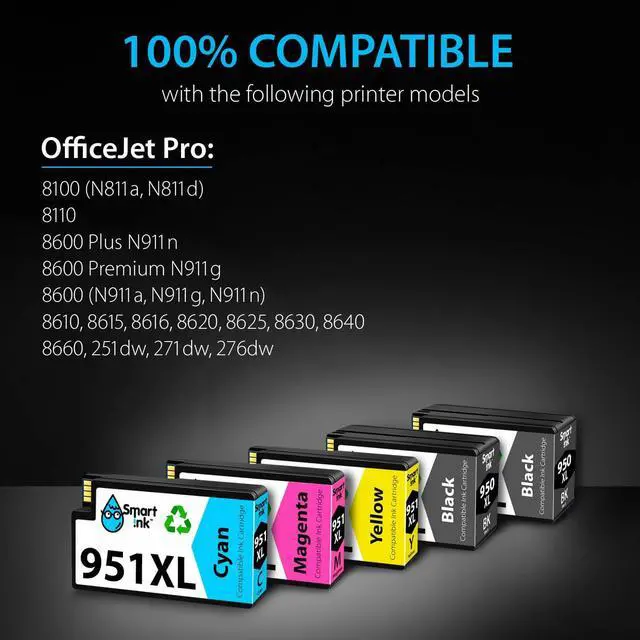 Alt view image 3 of 7 - Smart Ink Compatible Ink Cartridge Replacement  950XL 951XL 950 XL 951 XL 5 Pack Combo to use with Officejet Pro 8600 plus 8610 8620 8100 8625 8630 Printers (2 Black & 1 Cyan 1 Magenta 1 Yellow)