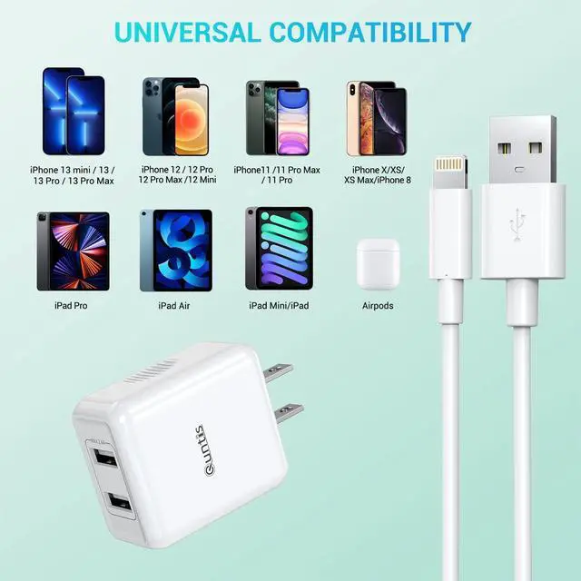 Alt view image 6 of 7 - iPhone Charger MFi Certified, Quntis 2Pack 6.6ft Lightning Charging Cable Cord with Dual Port USB Wall Charger Block Adapter for iPhone 14 13 12 SE 11 Max XS XR X 8 7 6s 6 Plus iPad Pro iPod