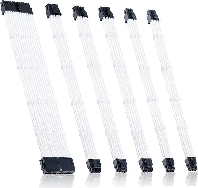 Main image of Braided ATX Sleeved Cable Extension Kit for Power Supply Cable Kit, PSU Connectors, 24 Pin, 8 Pin, 6 Pin 4 + 4 Pin, 6 Pack, with Cable Comb 24 Pieces Set 24-Pin, 8-Pin, 6-Pin (White)
