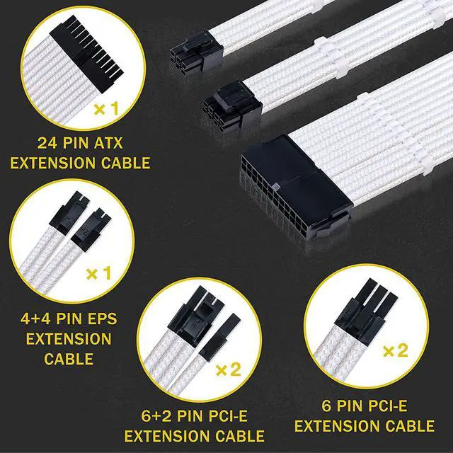 Alt view image 2 of 8 - Braided ATX Sleeved Cable Extension Kit for Power Supply Cable Kit, PSU Connectors, 24 Pin, 8 Pin, 6 Pin 4 + 4 Pin, 6 Pack, with Cable Comb 24 Pieces Set 24-Pin, 8-Pin, 6-Pin (White)