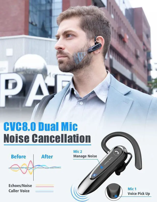 Alt view image 2 of 7 - Bluetooth Earpiece Wireless CVC8.0 Headset for Cell Phone Dual Mic Noise Canceling Handsfree Phone Earpiece with Mute 20Hrs Talk Time 180 Days Standby for iPhone Android Home Office Driving