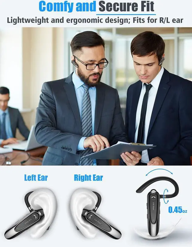 Alt view image 4 of 7 - Bluetooth Earpiece Wireless CVC8.0 Headset for Cell Phone Dual Mic Noise Canceling Handsfree Phone Earpiece with Mute 20Hrs Talk Time 180 Days Standby for iPhone Android Home Office Driving