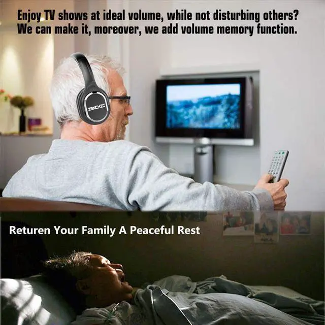 Alt view image 4 of 4 - Zanchie Wireless Headphones for TV Watching with RF Transmitter Charging Dock, Over-Ear Headsets, 330ft Range, Digital Optical RCA AUX, 10Hrs Battery, No Audio Delay(Black)