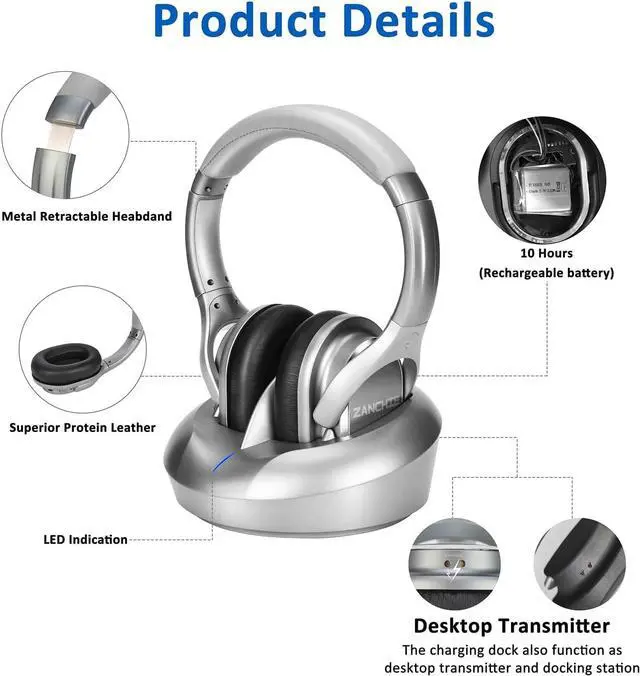 Alt view image 6 of 7 - Zanchie Wireless Headphones for TV Watching with RF Transmitter Charging Dock 330ft Range - Digital Optical RCA AUX, 10Hrs Battery, No Audio Delay (Silver)