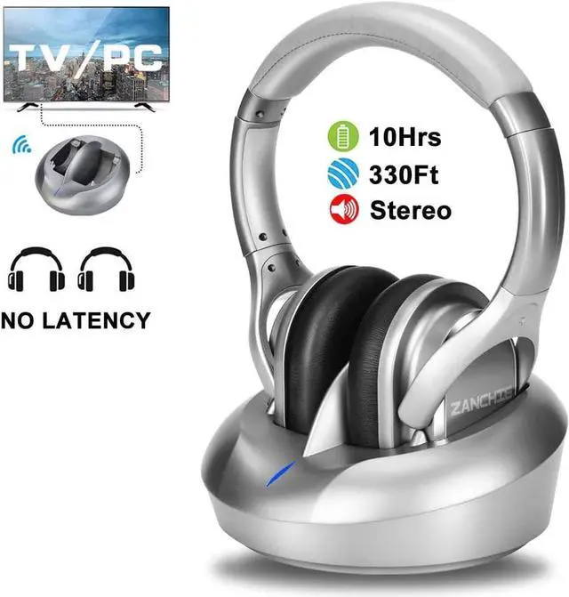 Alt view image 7 of 7 - Zanchie Wireless Headphones for TV Watching with RF Transmitter Charging Dock 330ft Range - Digital Optical RCA AUX, 10Hrs Battery, No Audio Delay (Silver)