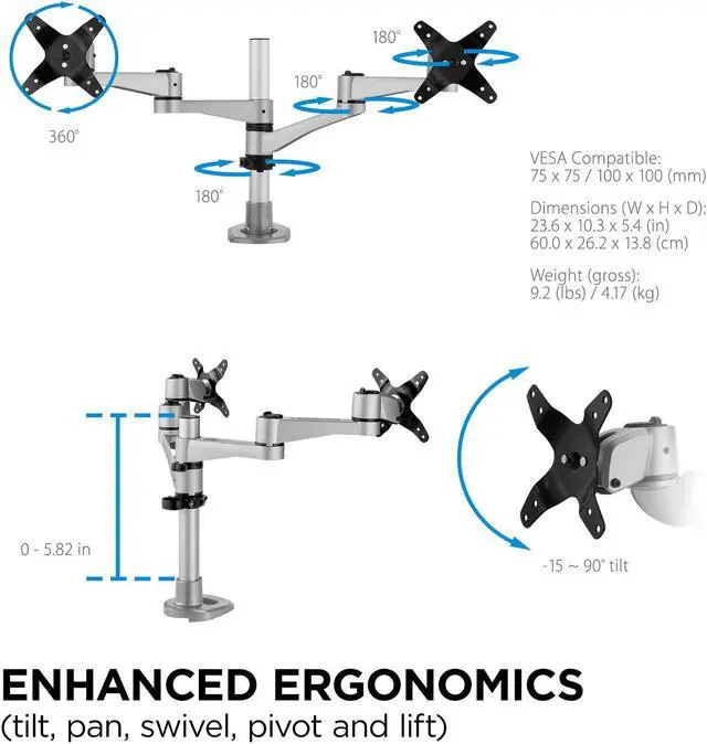 Alt view image 5 of 5 - Dual Monitor Mounting Arm for Two Monitors up to 24 Inches Each VESA 75x75 and 100x100mm Compatible