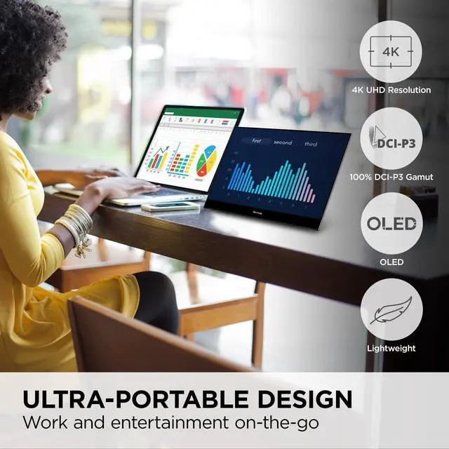 Alt view image 2 of 20 - ViewSonic VX1655-4K-OLED 15.6 Inch 4K UHD Portable OLED Monitor with 2 Way Powered 60W USB C, Mini HDMI, Dual Speakers, and Built in Stand with Smart Cover