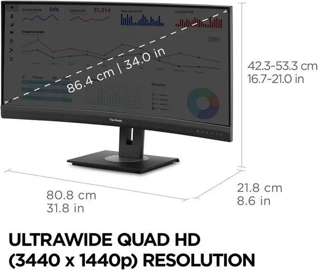 Alt view image 6 of 20 - ViewSonic VG3456C 34 Inch 21:9 UltraWide QHD 1440p Curved Monitor with Ergonomics Design, USB C Docking Built-In, Gigabit Ethernet for Home and Office