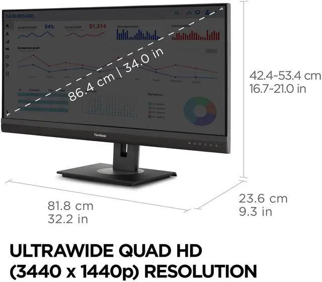 Alt view image 5 of 13 - ViewSonic VG3456a 34" 21:9 UltraWide QHD 1440p 100 Hz IPS Monitor with Ergonomics Design, 100W USB C, Docking Built-In, Gigabit Ethernet for Home and Office