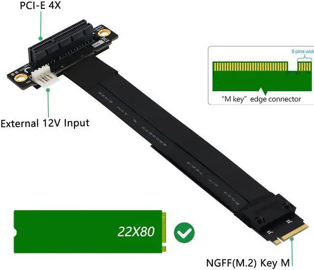 Alt view image 2 of 6 - Riser PCIe x4 3.0 Extension Cable PCI Express 4x To M.2 NVMe M Key 2230 2242 2260 2280 Riser Card Gen 3.0 Extender Cable 32G/bps
