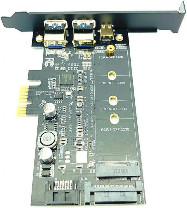 Alt view image 5 of 5 - 3.0 PCI Express Riser Card Dual Port 3.0 + 1 Port 3.1 Type-C + M.2 NGFF Adapter M2 SATA SSD B Key to PCI-E Controller