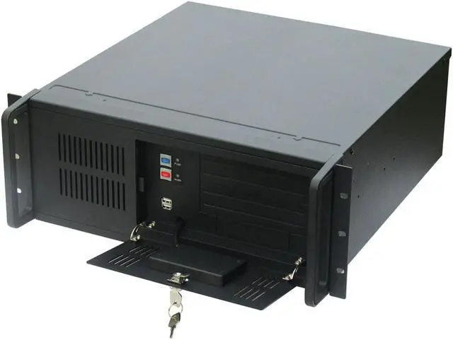Main image of 4U black industrial control chassis, 8 3.5" hard disk positions, support 12"×9.6" and below size motherboards, support 2 front USB ports, standard PS2 power supply position, empty chassis