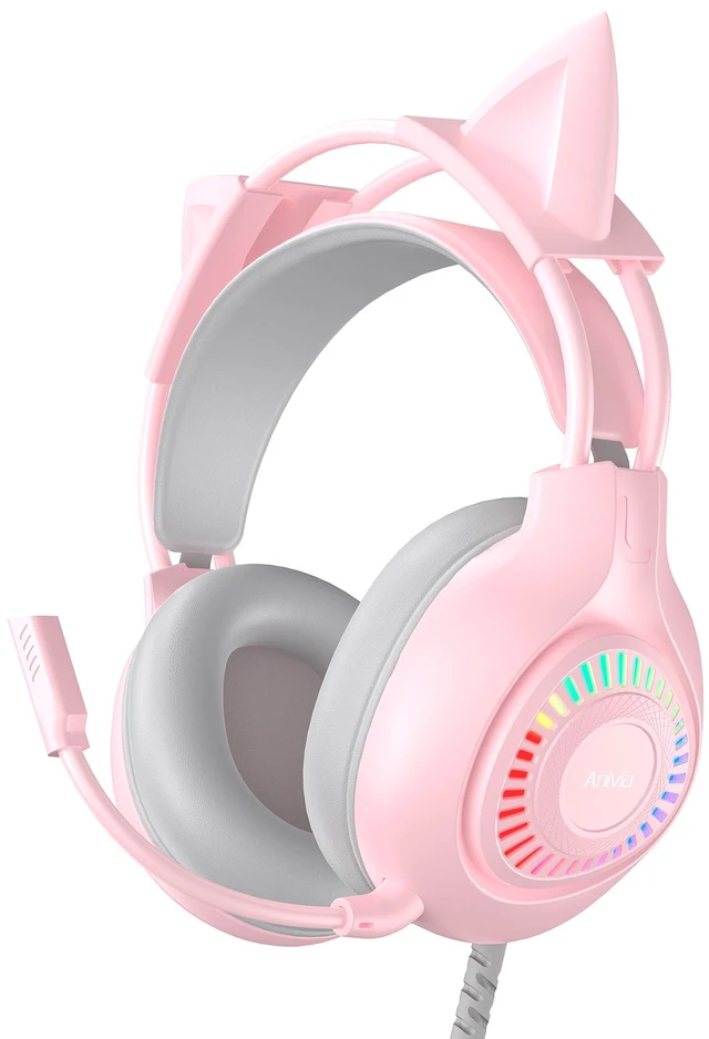 Main image of EACH Pink Cat Ear Gaming Headset Wired Over-Ear RGB Light Noise Cancelling Microphone 50mm Driver Adjustable Headband PC Laptop Headphones
