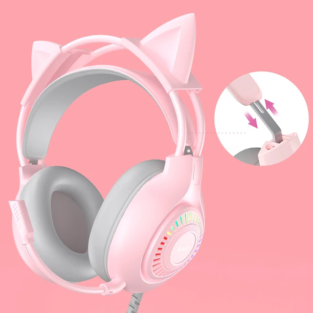 Alt view image 2 of 7 - EACH Pink Cat Ear Gaming Headset Wired Over-Ear RGB Light Noise Cancelling Microphone 50mm Driver Adjustable Headband PC Laptop Headphones