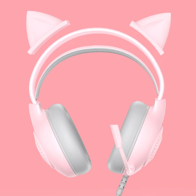 Alt view image 3 of 7 - EACH Pink Cat Ear Gaming Headset Wired Over-Ear RGB Light Noise Cancelling Microphone 50mm Driver Adjustable Headband PC Laptop Headphones