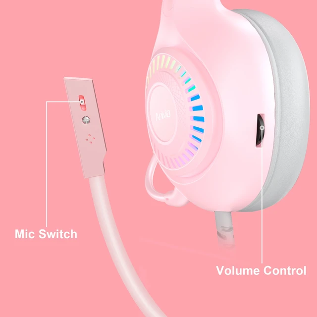 Alt view image 7 of 7 - EACH Pink Cat Ear Gaming Headset Wired Over-Ear RGB Light Noise Cancelling Microphone 50mm Driver Adjustable Headband PC Laptop Headphones